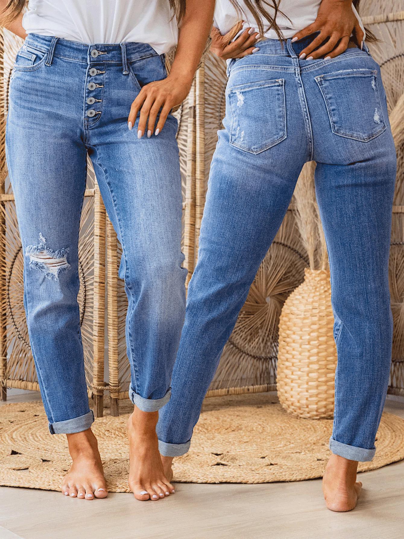 

Джинсы женские облегающего кроя с несколькими пуговицами, подчеркивающие бедра, рваные Medium