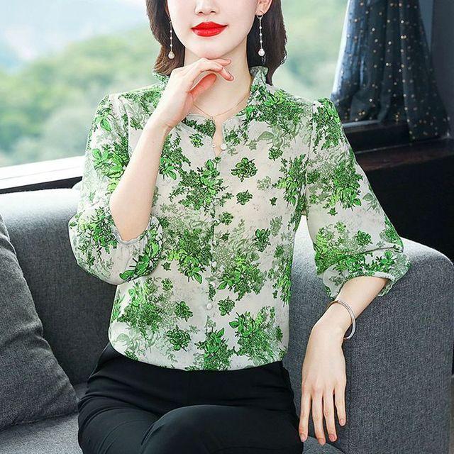 Geblümtes Chiffon-Hemdoberteil für Damen, Frühling/Sommer, bedruckt, schick, süß, lässig, Laterne, halbe Ärmel, Bluse, Blusas
