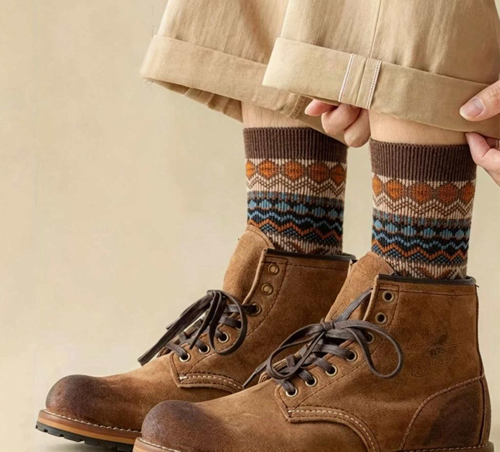 Autumn Crew Breathable Knitted Geometry Pattern Warm Ladies Terry Wool Socks