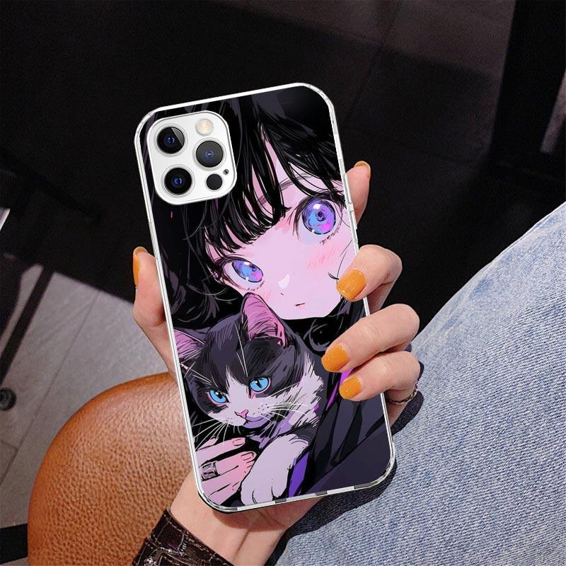 Cute Anime Ins Girls Animal Cat Phone Case For iPhone 17 Air 16 Pro Max 16E 15 + 14 Plus 11 12 13 Mini 7 8 SE Gift Print Cover F