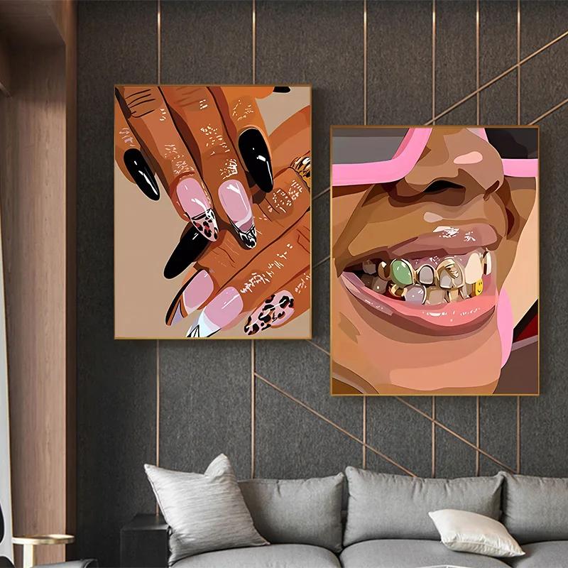 Pink Nail Art Gold Teeth and Necklace Poster Black African Woman Personalized Trendy Canvas Painting Bedroom Frameless Wall Art