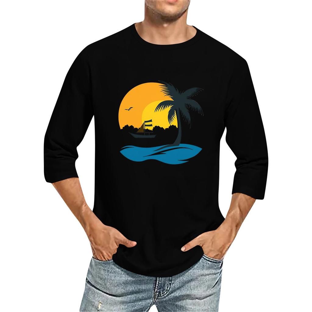 Jednobarevné pánské tričko s kulatým výstřihem a tříčtvrtečním rukávem