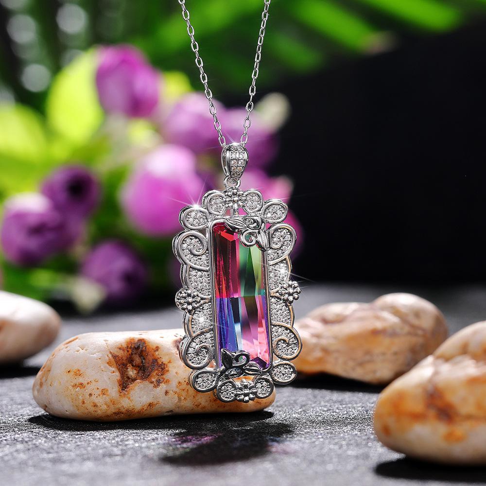 Silver Plated Rectangle Gradient CZ Pendant Necklace, Ornate Floral Frame Cable Chain Necklace for Women