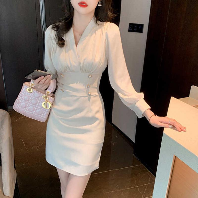 

French Chic Double-Breasted Hip-Hugging Formal Dress for Mature Women XL (117-127 catties) білий/абрикосовий