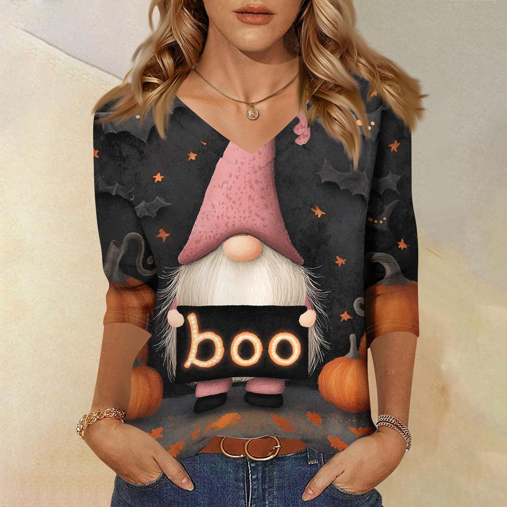 Women's Casual Halloween Print V Neck Three Quarter Sleeve Top Lightweight Soft Fabric Stylish Fit Comfortable Design
