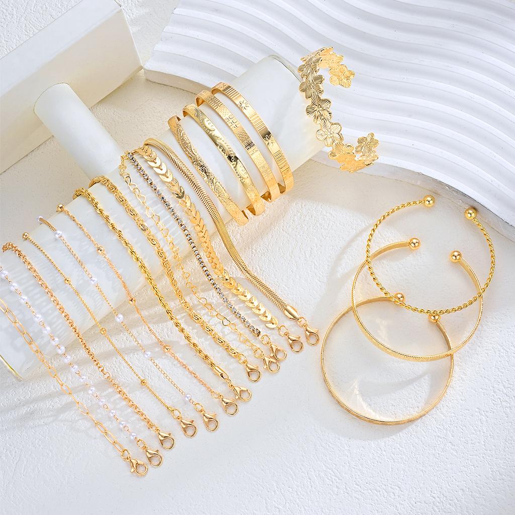 20Pcs Flower Charm Chain Bracelet Set For Women Bohemian Multilayer Adjustable Bracelets Vintage Floral Stackable Jewelry Gifts