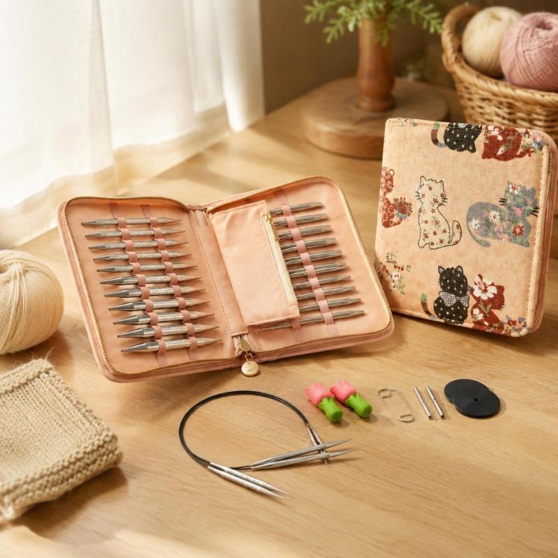 13-Pair Knitting Needle Set, Interchangeable Metal Circular Needle with 4 Flexible Cables, Plus Storage Case with Retaining Bands and Interior Pocket