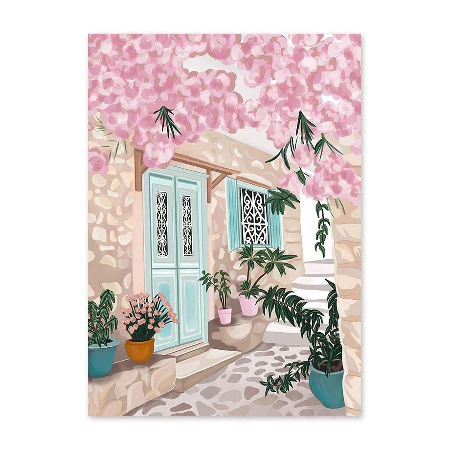 Santorini Lemon Coffee Flowers Abstract Landscape Posters and Prints Wall Art Canvas Painting Pictures For Living Room Home Deco
