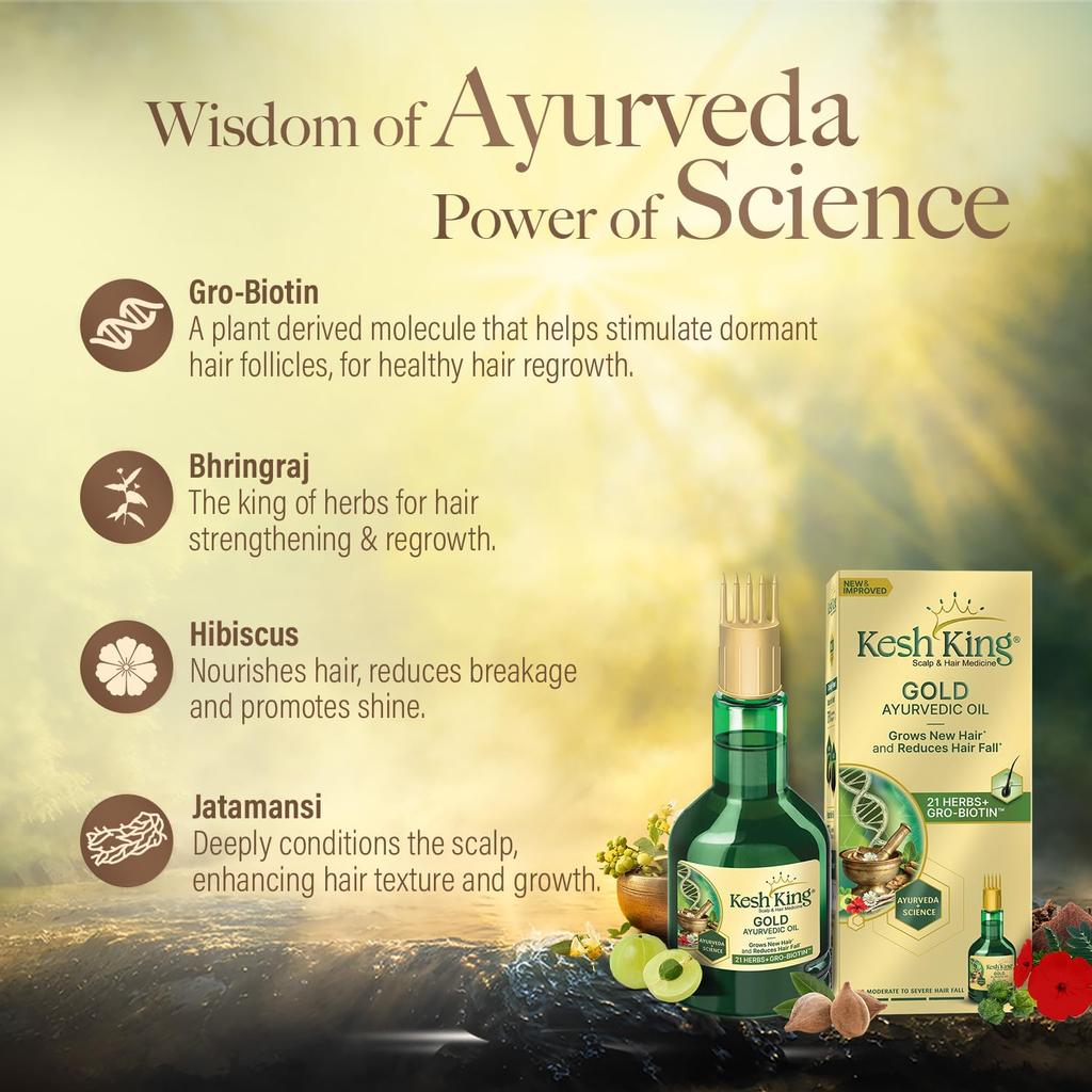 Kesh King Gold Ayurvedic Hair Oil with 21 Herbs and Gro-Biotin, Helps Grow New Hair and Reduce Hair Fall, Comes with a Hairfall Reduction Tracker