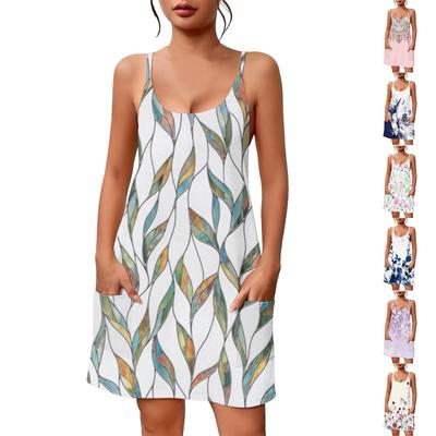 Damen Sommer Casual Printed Square Neck Kleid Strapskleid mit Taschen
