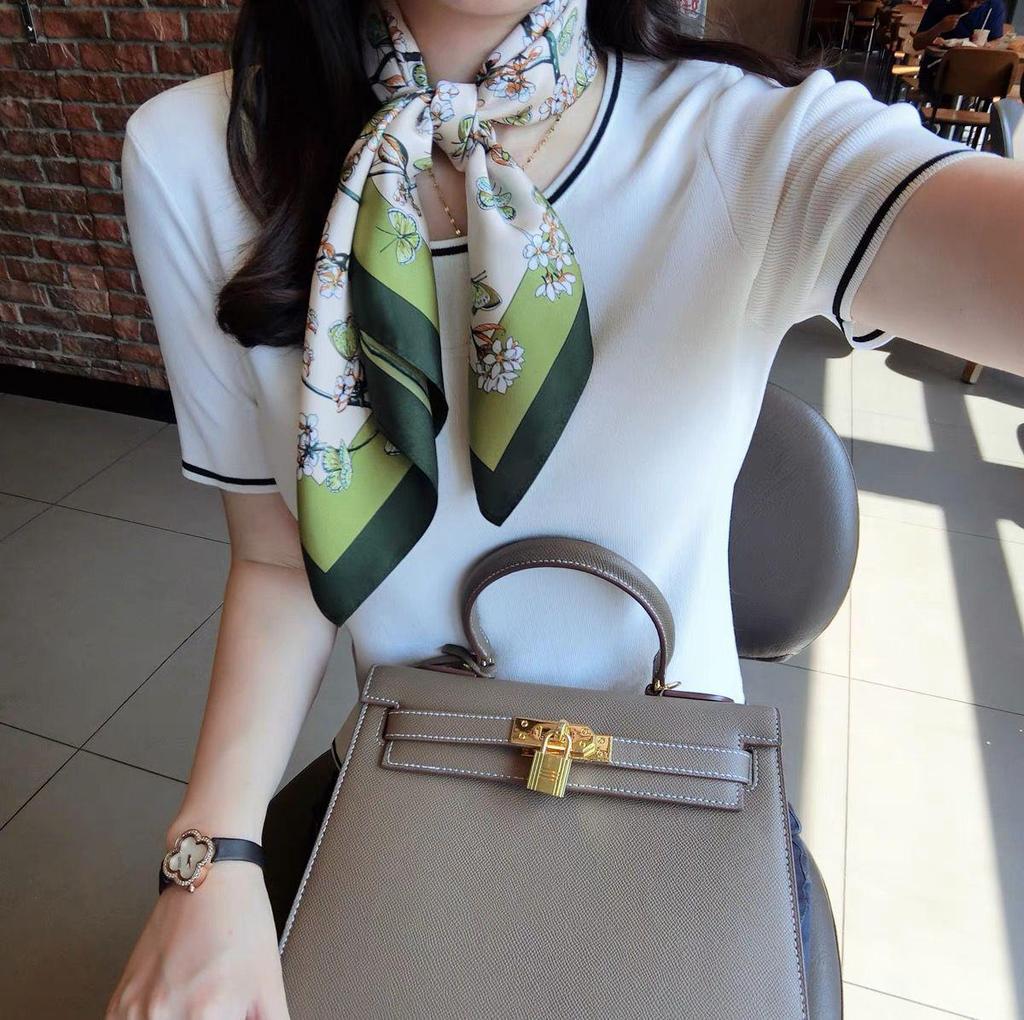 Korean Style Sweet Green Floral Butterfly Faux Silk Scarf - Women’s Versatile Spring/Summer Neck Scarf, 70cm Square.