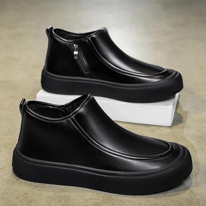 

Модные мужские ботильоны из кожи, без шнуровки, высокие, мужская повседневная обувь, для улицы, легкие, удобные, на платформе, мужские рабочие ботинки 39