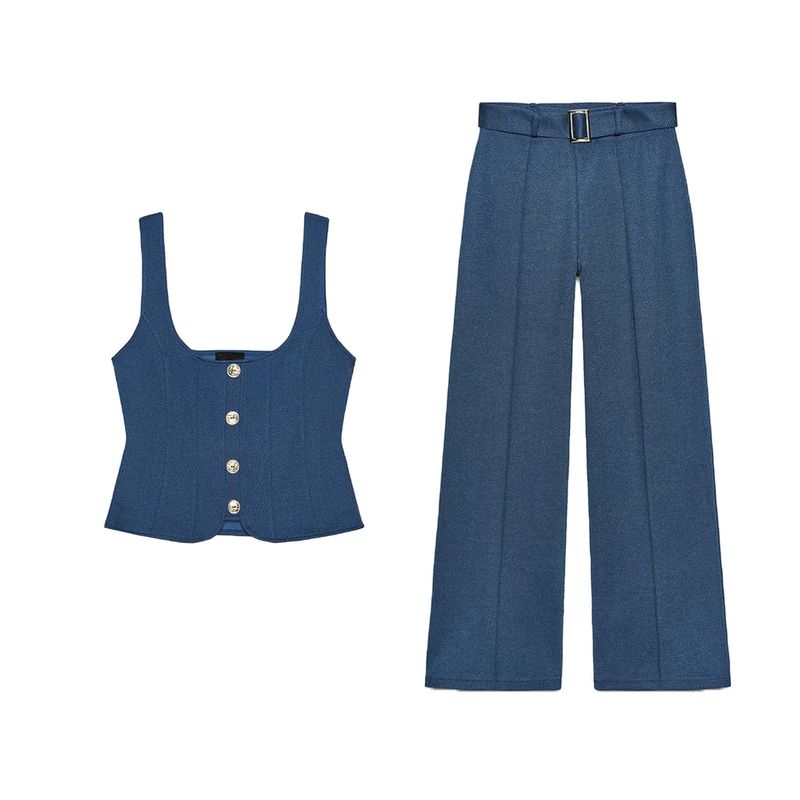 Square Collar Sling Button Decoration Twill Tops 3644133 Ribbed Belt Twill Casual Pants 3644134