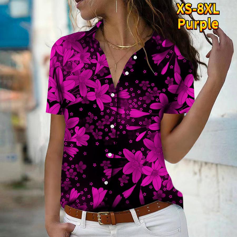 2025 Sommer Ny Mote Dame Blomsterprint Kortermet V-hals Casual Knappedown Skjorte Topp
