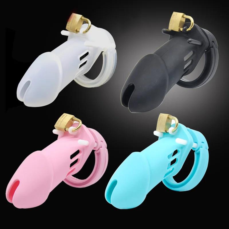 Sex Toys Silicone Small/Standard Male Chastity Device Cock Cage with 5 Rings Brass Lock Locking  Erotic Urethral Adult Game
