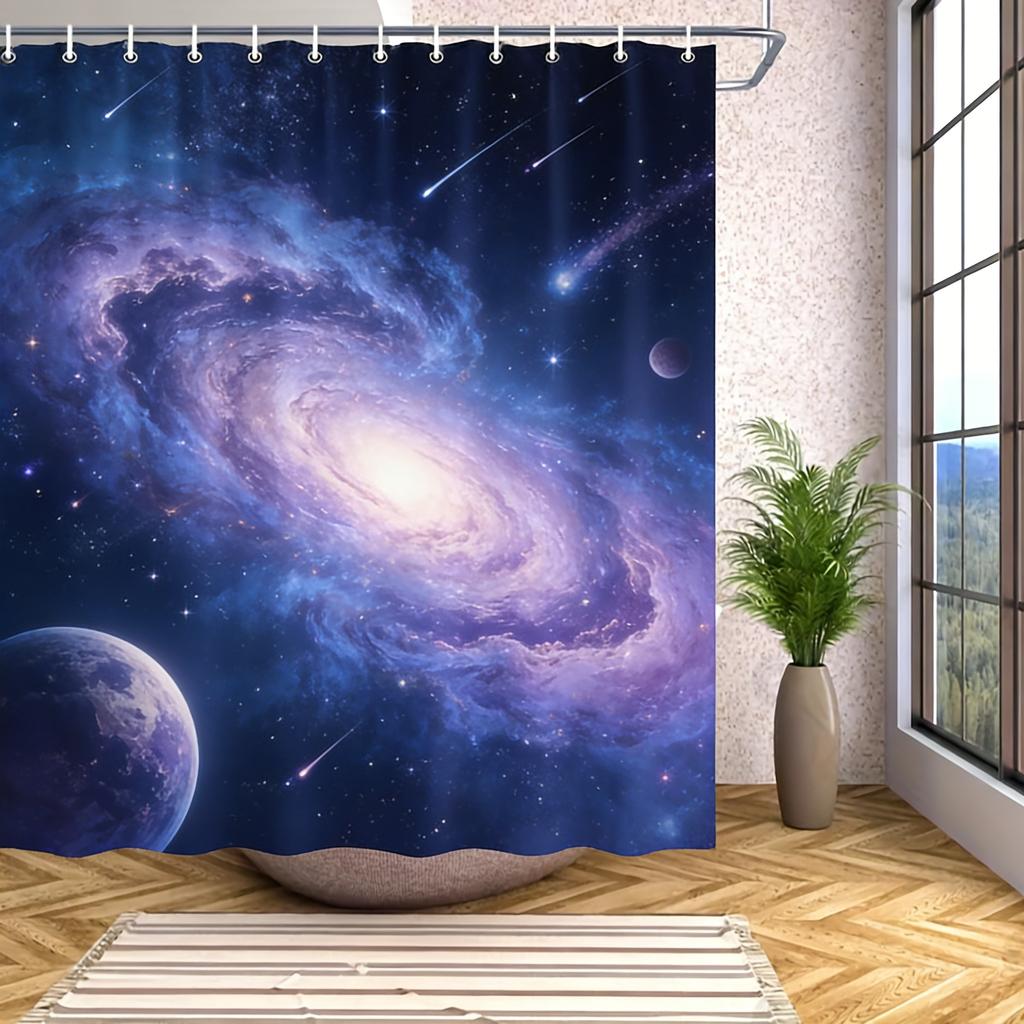 Spiral Galaxy in Deep Space with Asteroids Waterproof Shower Curtain for Cosmic Bathroom Decor
