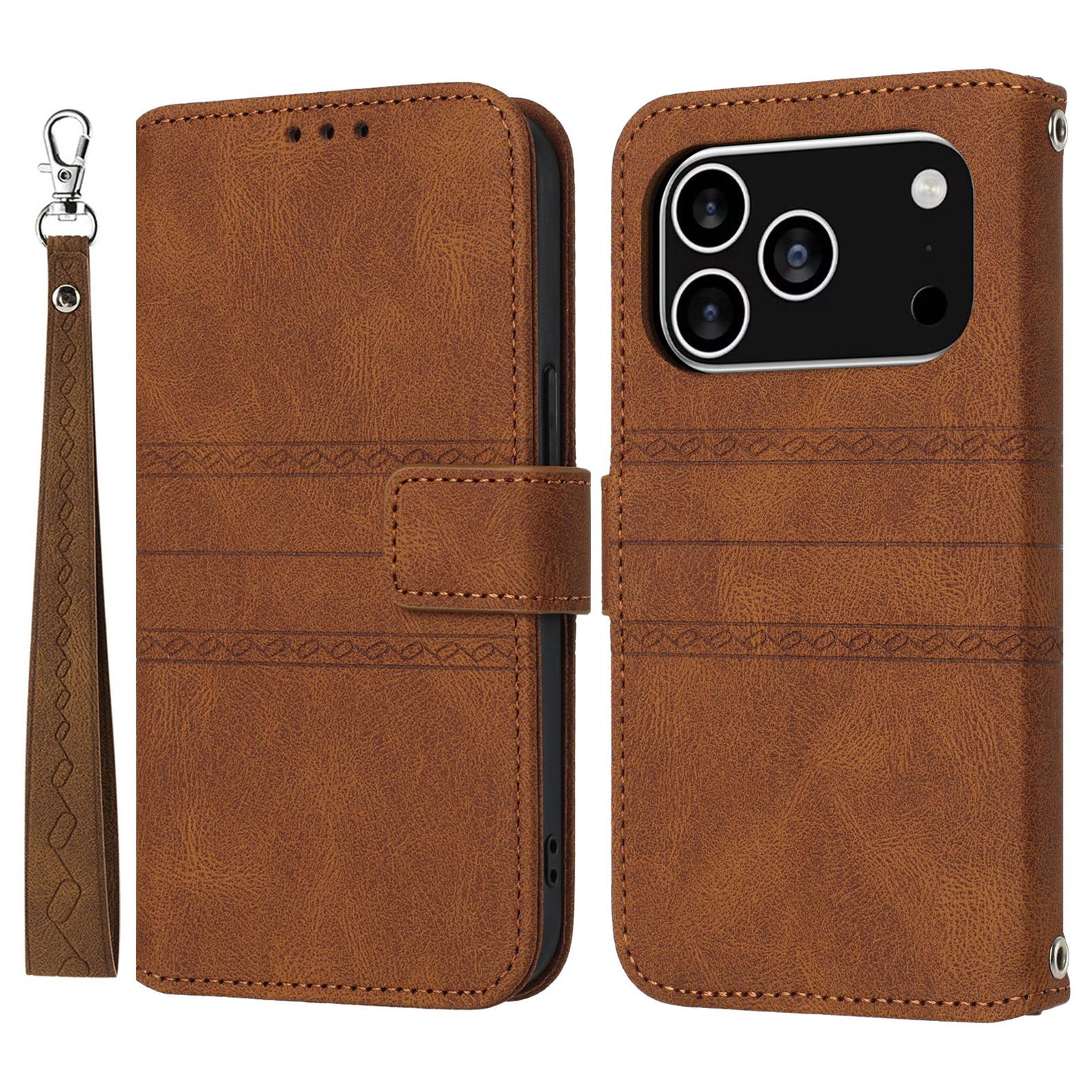 

Чехол-кошелек из кожи с тиснением для iPhone 17 Pro с ремешком на запястье Brown