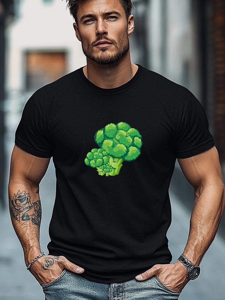 Plus Size Men's T-Shirt, Relaxed and Casual, Simple and Stylish, Men's Cartoon Broccoli Pattern Summer Casual Round Neck Short Sleeve T-Shirt, PLUS SI