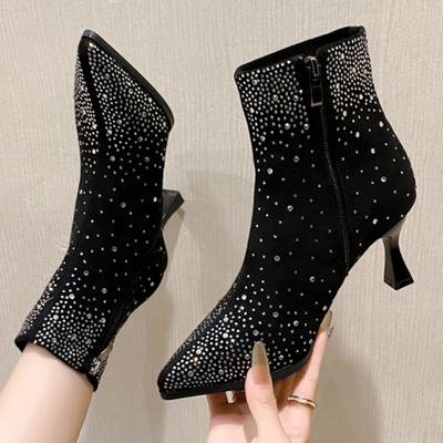 Bling Sexiga Kvinnor Ankelstövletter Höga Klackar Spetsiga Skor Vinter Designer 2025 Trend Chelsea Casual Fest Snö Pumps Botas Mujer