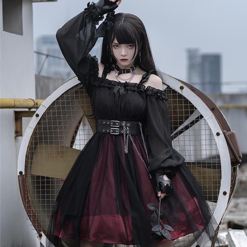 Lolita Abito Gotico Per Ragazze, Maniche A Sbuffo In Mesh, Nero, Vestito Quotidiano Primavera Estate, Taglie Asiatiche