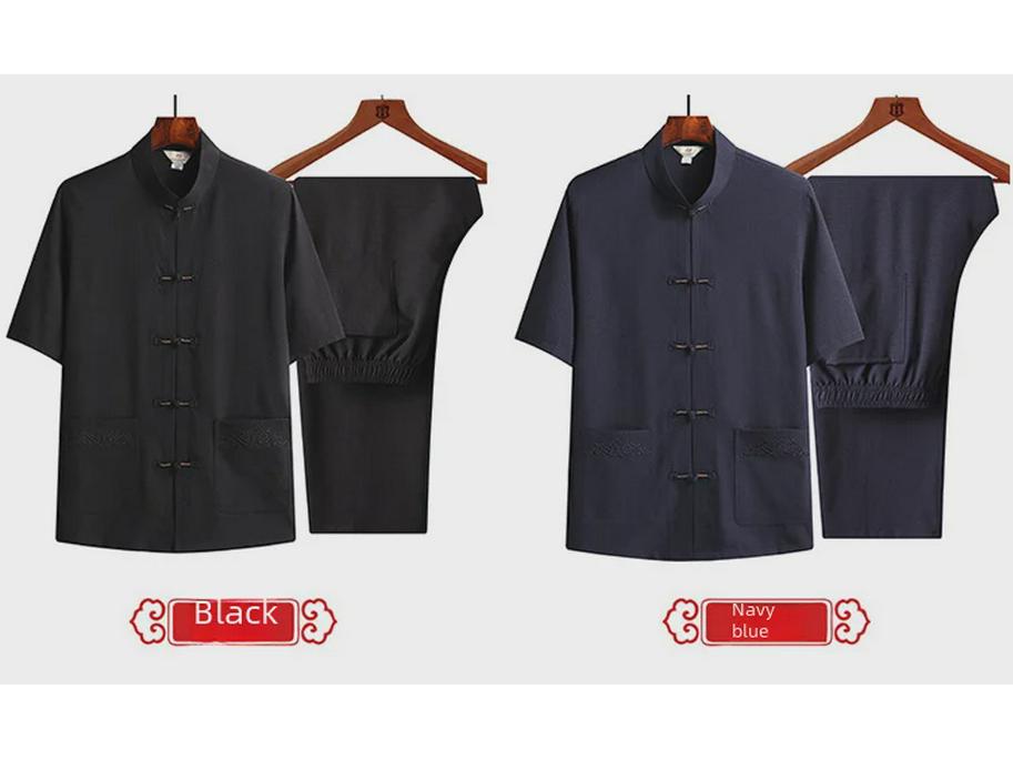 Men's Chinese Style Casual Cotton Linen Short-Sleeve Suit for Middle-Aged and Elderly Summer Wear