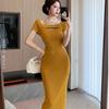 Sexy Off-the-shoulder Hollowed-out Thin Tencel Smoothie Knitted Dress for Women's Summer New Waist and Thin Hip Skirt Long Skirt
