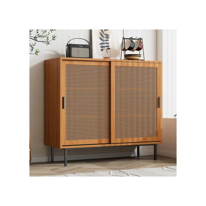 Meuble de cuisine - MUVOE - Commode - 2 portes coulissantes - Étagères réglables - Marron