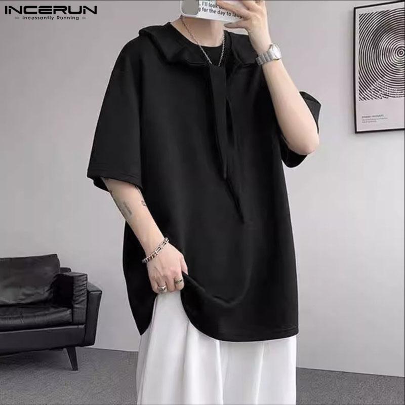 INCERUN Oversized Summer Men Tie Up Patchwork Short Sleeve Solid Casual Loose T-shirts