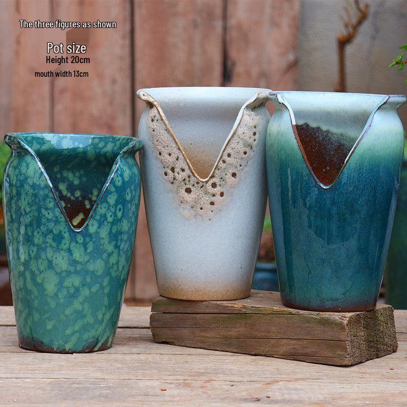 Handmade Coarse Pottery Wide-Mouth Flower Pot - Ceramic Zisha Succulent Planter with Rustic Cut-Edge Design for Chlorophytum