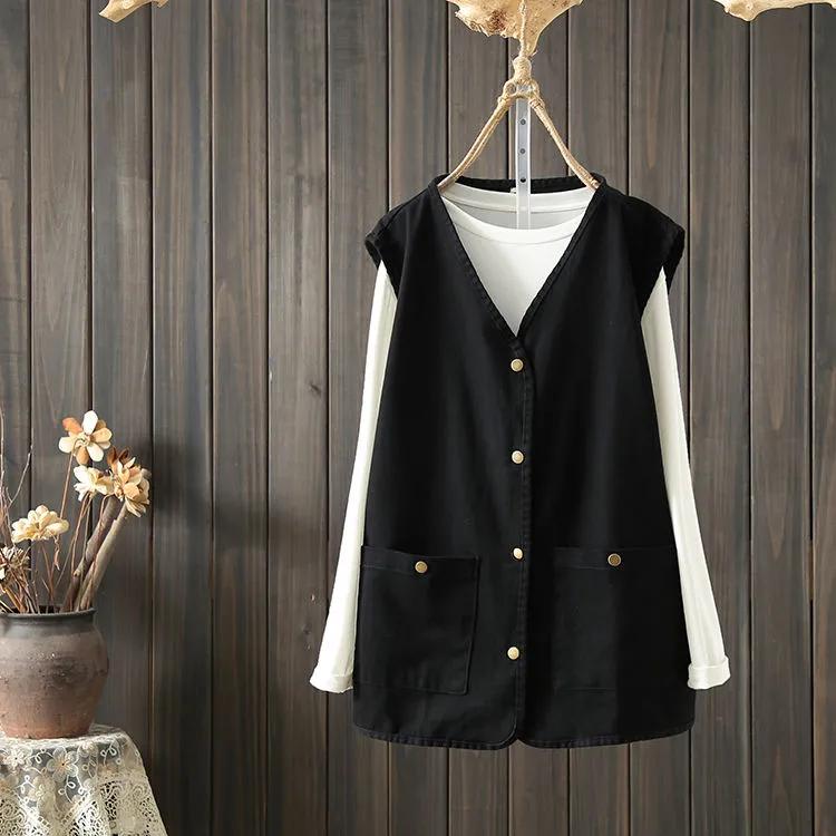 

Denim Vest Jacket Women s Retro Korean Version of The Large Size Loose Sleeveless Vest Jacket Outer Wear Clothes L чёрный