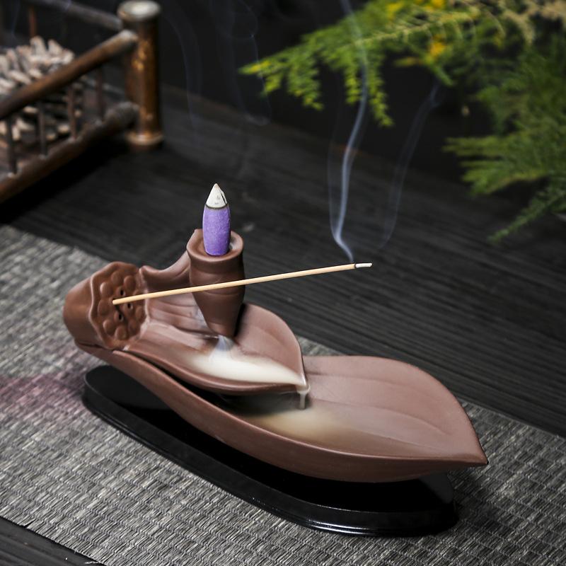 Double Leaf Like Flowing Lotus Backflow Incense Burner Ceramics Sandalwood Incense Sticks Holder with Plastic Bottom Home Decor