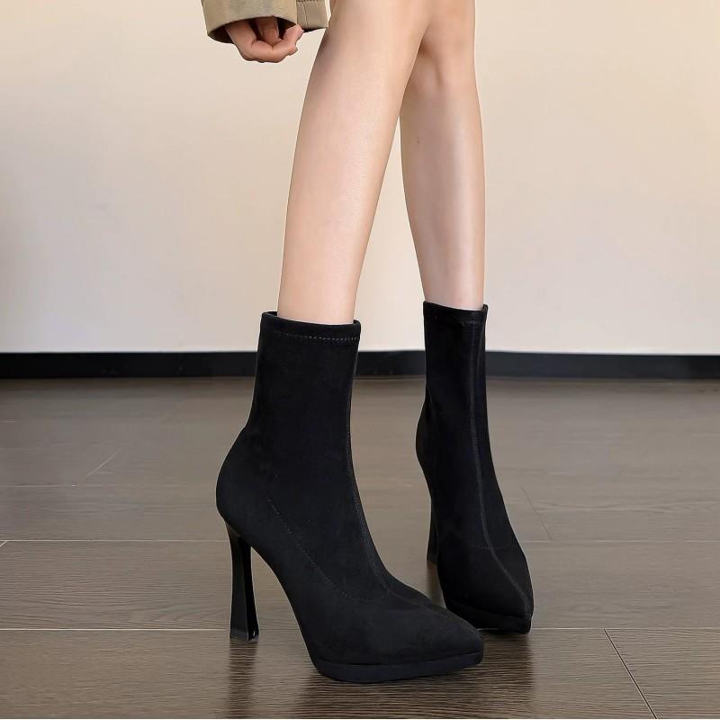 Apricot elastic boots children's autumn and winter new waterproof platform tube thin heel pointed thin high heel short boots women