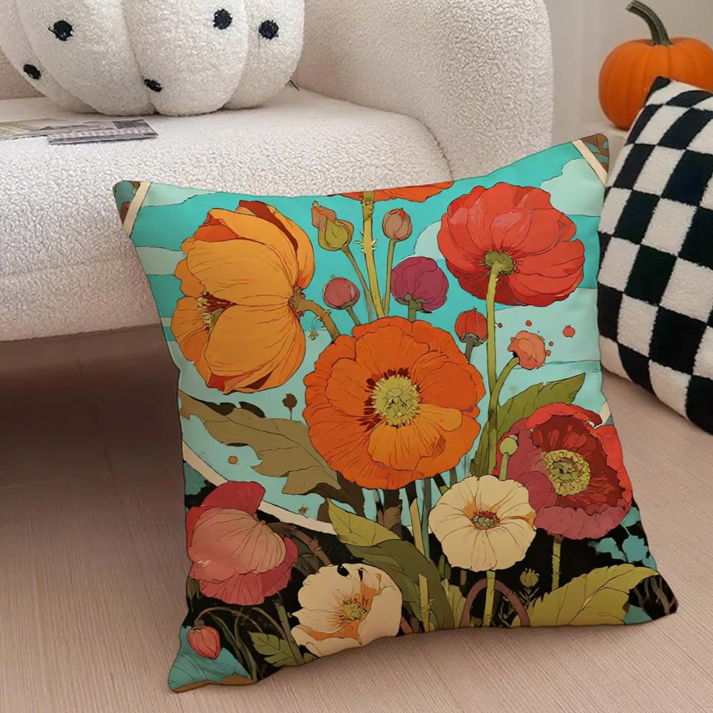 Painted Flowers Cushion Cover Throw Pillow Cover Hidden Button Durable Polyester Chair Cushion
