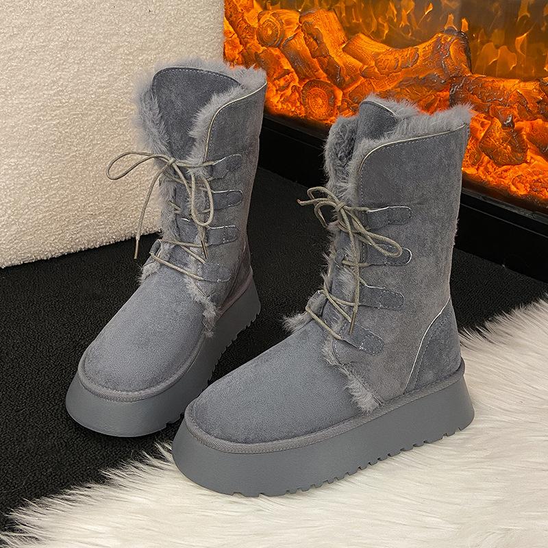 Women's fashion lightweight soft sole winter warm fur one snow boots padded lining non-slip casual sports cotton boots