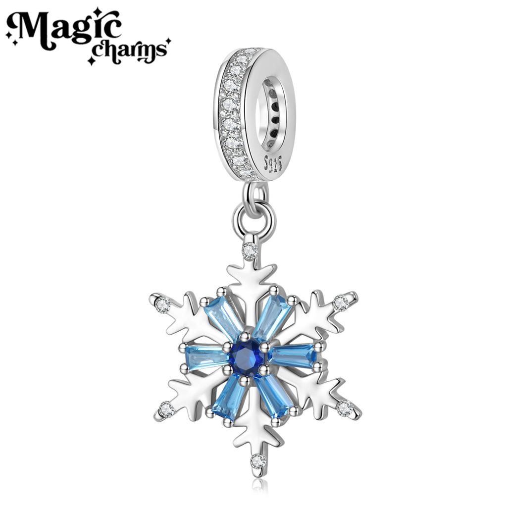 MAGIC CHARM Blue Shining Snow Flower Pendant Christmas S925 Silver Girl Pan Family Bracelet DIY Pendant
