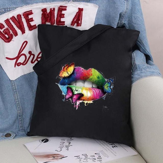 Sexy Lips Large Capacity Women Shopping Bags Shoulder Bag Fashion Black Printing Foldable Handbag Canvas Tote Bag