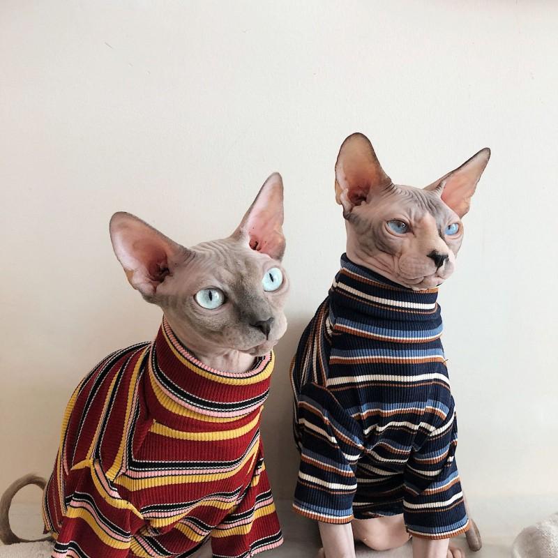 Sphynx Cat Clothing High Neck Striped Short Sleeve T-Shirt Hairless Cats Comfortable Indoor Cooling Wear