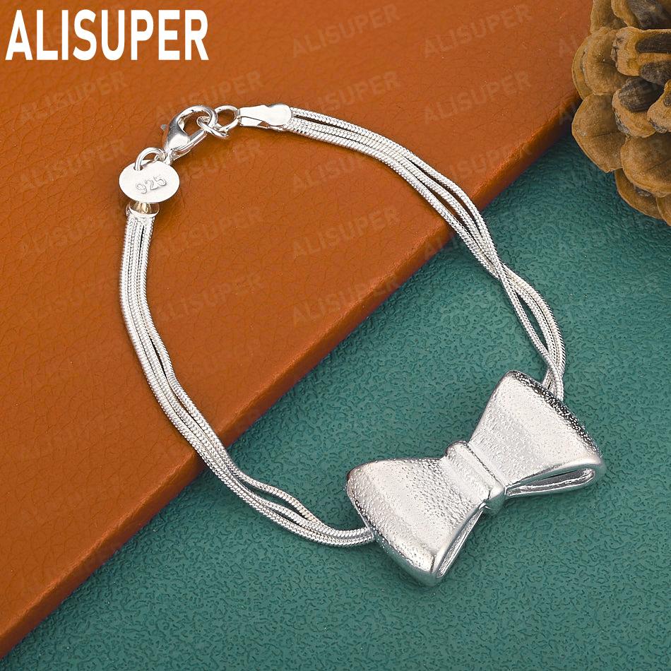 925 Sterling Silver Tassel Bow Side Chain Romantic Bracelet Gift Jewelry 20CM