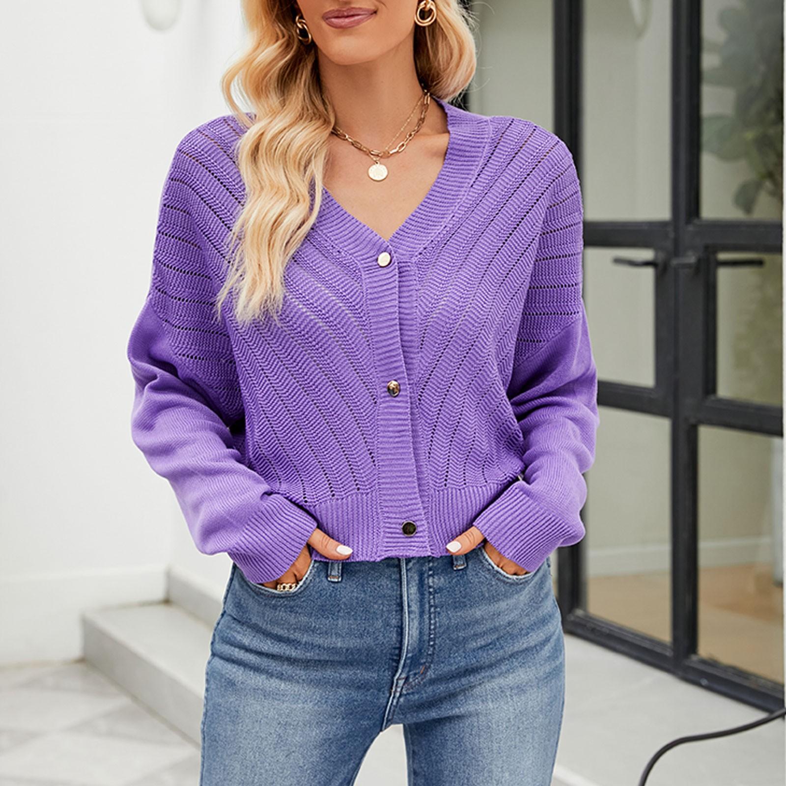 

Женский модный вязаный кардиган с v-образным вырезом и свободным вязаным топом с длинными рукавами XL фиолетовый