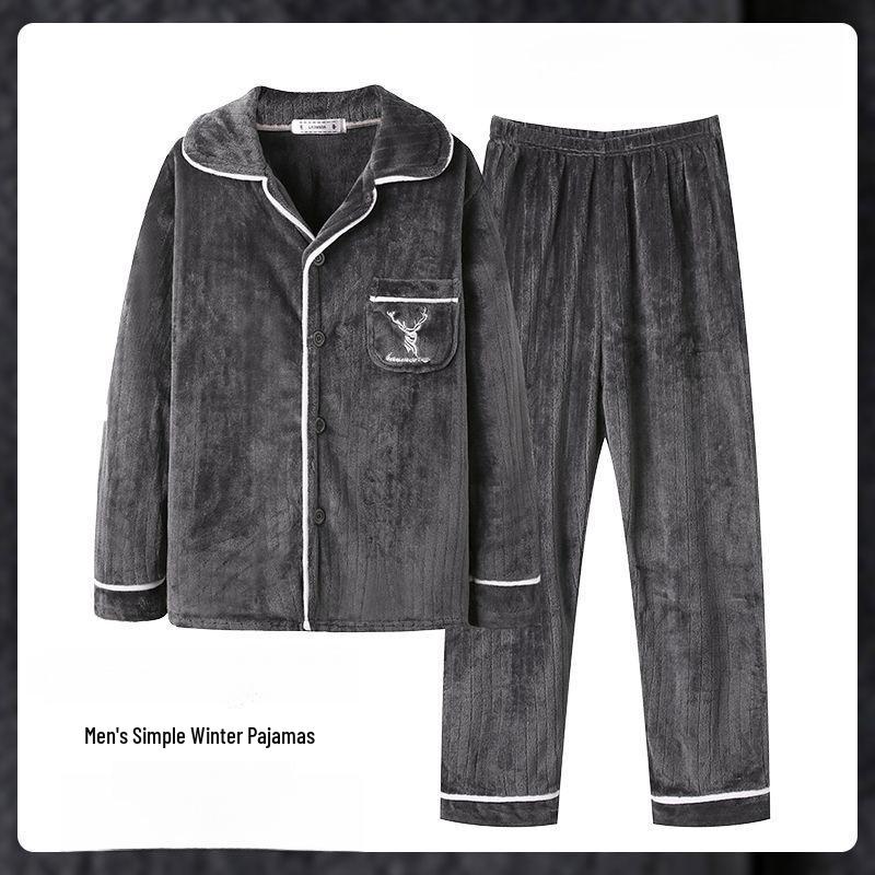 Men's Coral Fleece Velvet Pajamas Set - Thick, Warm, Long-Sleeved Flannel for Autumn and Winter