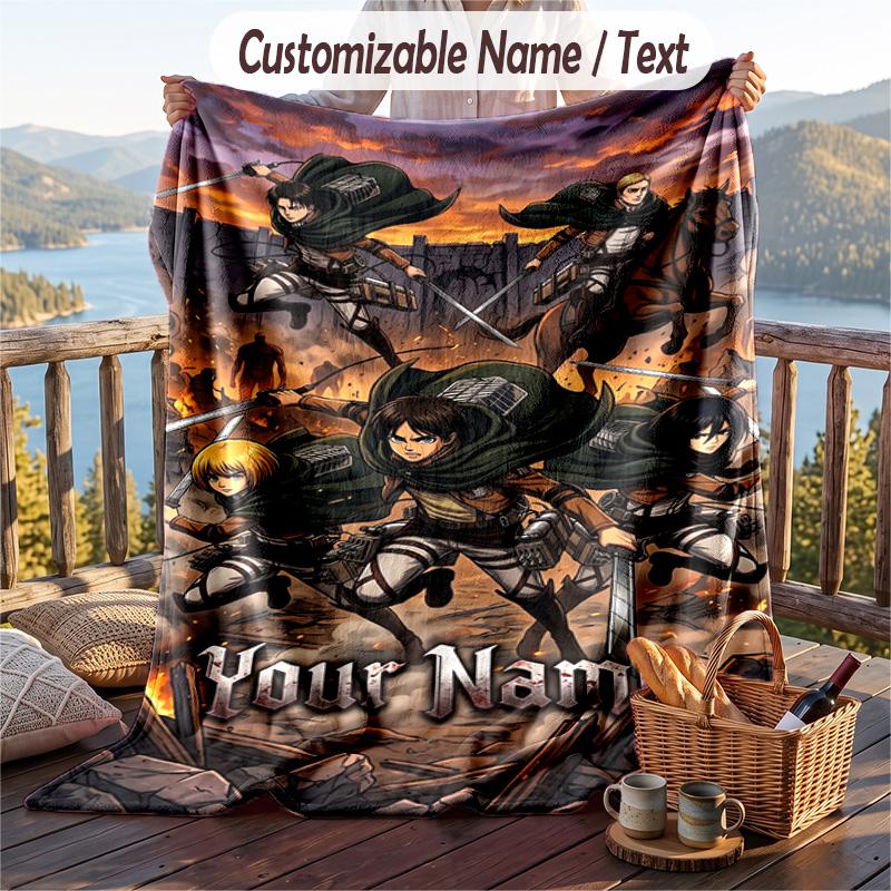 Personalized Flannel Throw Blanket,Attack On Titan Custom Printed Name, Cozy Plush Blanket For Home Use