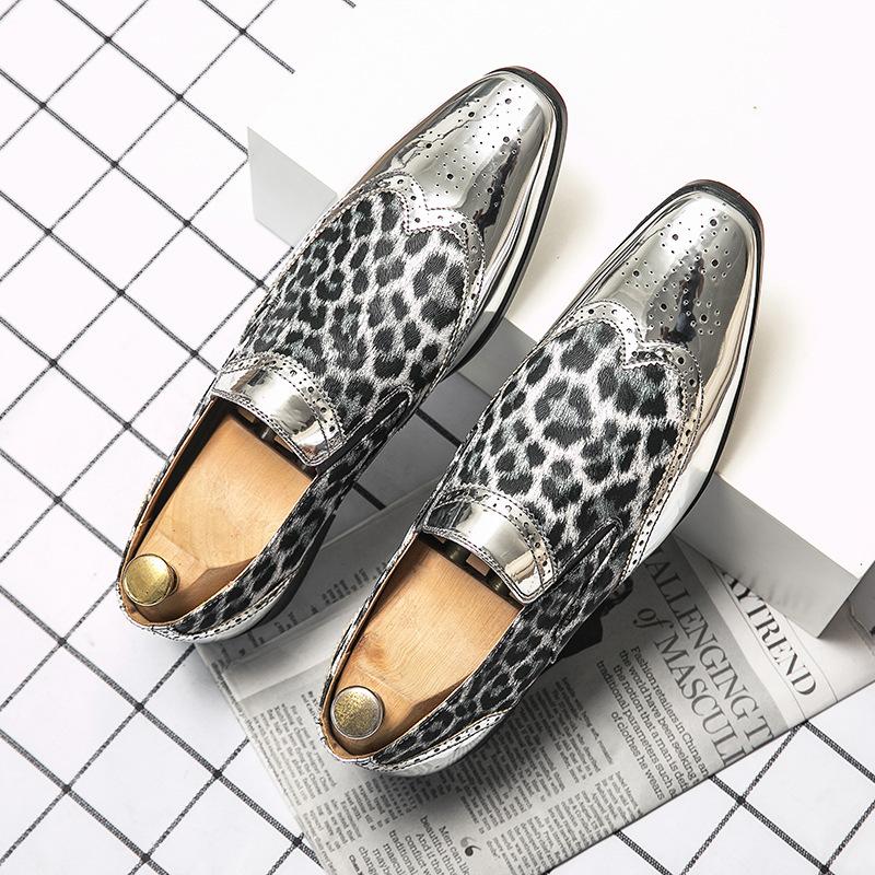 

Dress leather shoes foreign trade leopard print pointed men s shoes business glossy soft leather casual small leather shoes men British Fengzi men 45