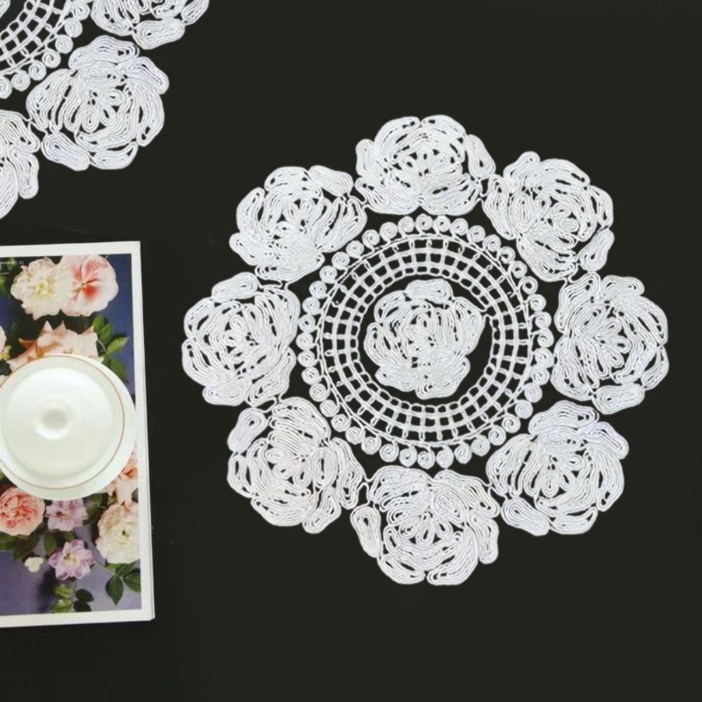 Vintage Rose Embroidery Placemat Modern Hollowed-out Table Place Mats French Design Handmade Cup Mat Coffee Table Decoration