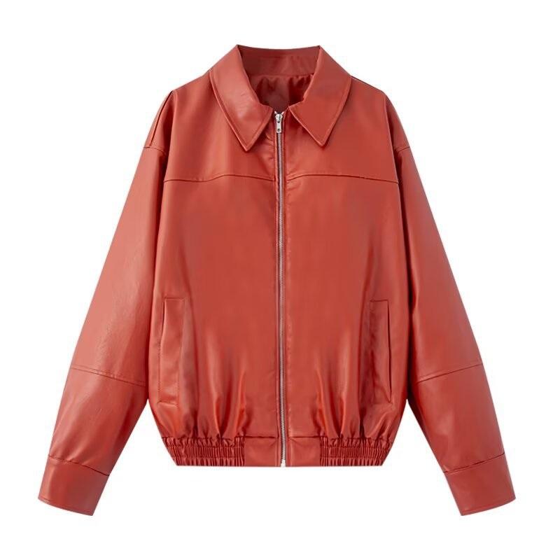 Women Faux Leather Bomber Jacket Lapel Collar Zip Up Long Sleeve Loose Cropped Casual PU Biker Coat Autumn Winter