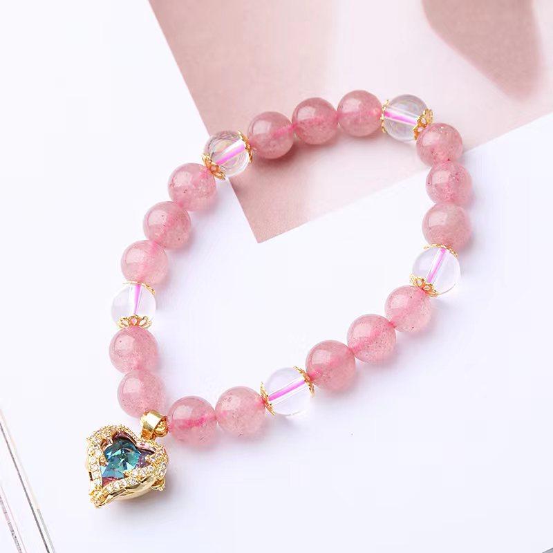Natural Strawberry Crystal Peach Heart Bracelet Bangles Women Fashion Jewelry Accessories Gift