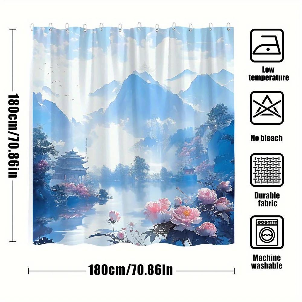 1Pc Fantasy Landscape Bath Curtain - Misty Blue Mountains, Pink Cherry Blossoms & East Asian Pagodas Reflective Lake Ethereal