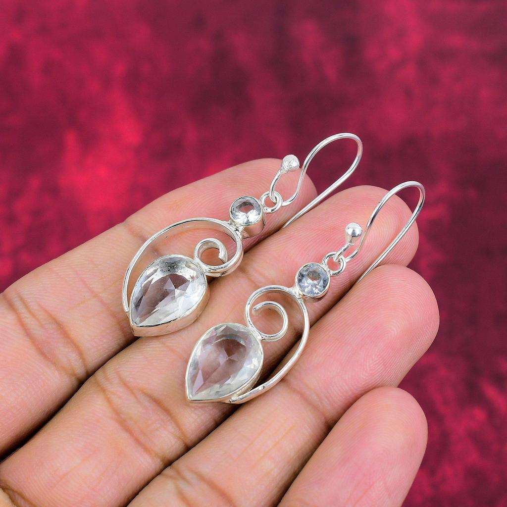 White Topaz 925 Solid Sterling Silver Earrings, Handmade Gemstone Jewelry Earrings For Memorial Day