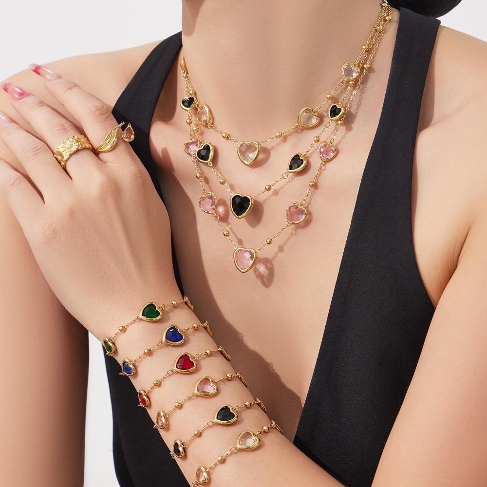 Colorful Heart-shaped Jewelry Set Stainless Steel Earrings Hand Chain Heart Glass Necklace  Gift