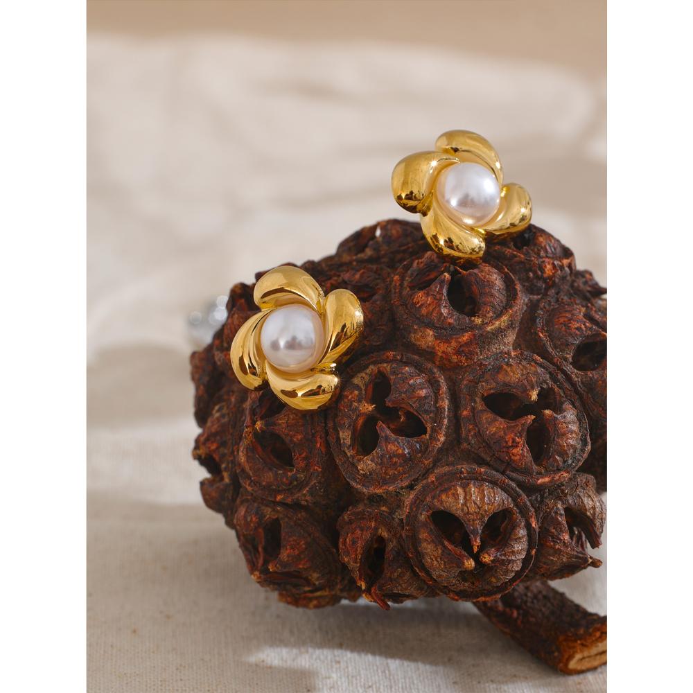 Yhpup Stylish Imitation Pearls Metal Flower Stud Earrings Charm Stainless Steel Rust Proof Versatile Daily Jewelry Accessories