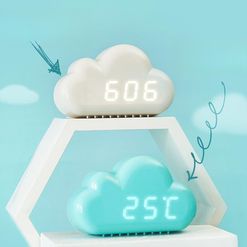 Creative Alarm Clock, Four Cloud Voice-controlled LED Clock, Bedside Sleepy Small Alarm Clock, Student Calendar, Nightlight Electronic Clock 1966